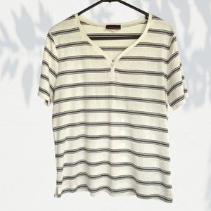 Suzannegrae Y2K Striped Tee Size 12 Cream White V-neck Stretch Retro